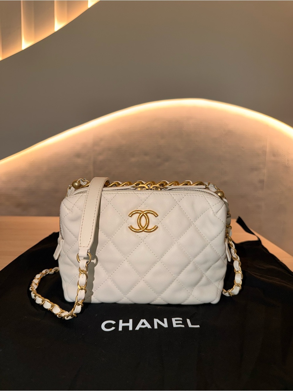 CHANEL Cream Quilted Camera Bag with Gold CC Hardware